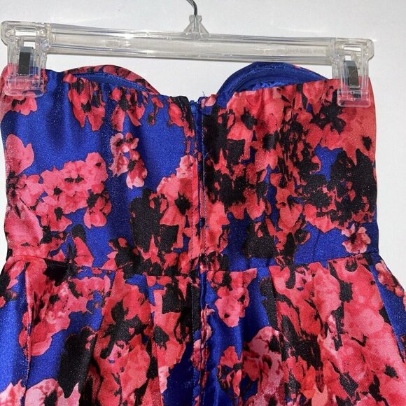 B. Darlin Red & Blue Floral Illusion Printed Strapless Formal Prom Dress Size XS - Picture 6 of 9